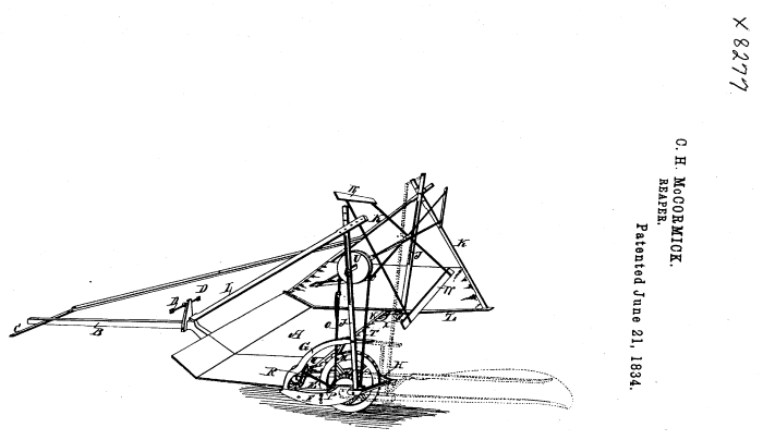 Drawing from Cyrus McCormick's U.S. Patent X8277 for a reaper.